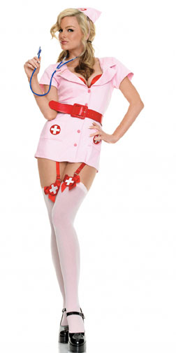 SEXY PINK NURSE OUTFIT WITH RED SUSPENDERS FANCY DRESS